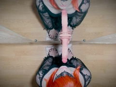 Femboy drinks fake penis in front of mirror