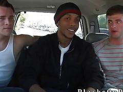 Two white guys get deep inside this black dude's ass