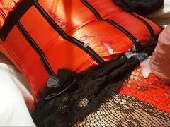 Crossdresser CorsetLoverCD wanks and cums in red sati corset