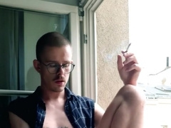 DISPLAYING OFF MY FIRM HARD-ON WHILE SMOKING IN THE WINDOW