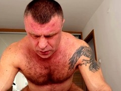 Hot hairy muscle guy gets down in missionary style for some steamy action