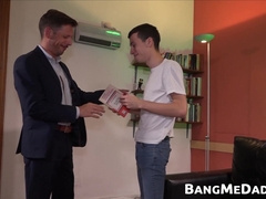 Twink polishes daddies fat pole before bouncing on it raw