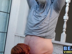 Nasty fat bear makes his cub go on knees to blow his rod