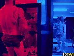 Bodybuilders do a sweaty workout on each others asses