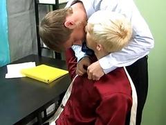 Curly brown haired gay fucking blonde gay Patrick is bent over the