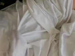 White nylon slip wank & cum 2