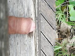 Uncut cock pissing outside
