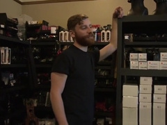 Bound submissive hunk gagging during blowjob