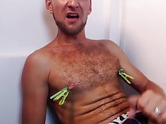 Cumming my hairy chest with clothespins on nipples