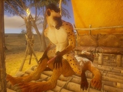 Intense same-sex encounter between a wild hyena and lion in their furry fur coats