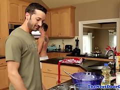 Sixpack hunk riding cock in the kitchen