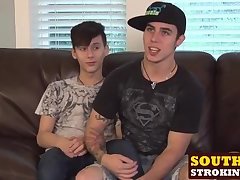 Sexy skinny twinks jerking and barebacking on the couch