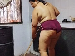 Plump Latina with a massive booty enjoys being watched while cleaning - authentic homemade