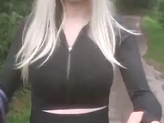 SIssyjenny88 Amateur crossdresser with huge big tits alone outdoor walk part 2 tight leggings jogger