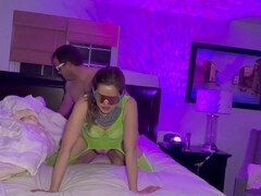 Blonde hottie blows and gets banged in vibrant green bodysuit
