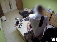 Naive 18-year-old teen gets her tight ass drilled on the desk in loan agent's office