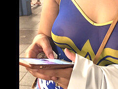 wifey in observe through wonder femmes shirt with pierced nipples in public