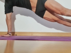 Man jerking while doing nude yoga - pushup contest