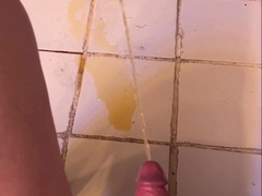 Hefty Rock-hard Man sausage Peeing on Floor Handsfree While Squatting two