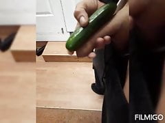 Fucking my tight smooth asshole with a cucumber I am so wet