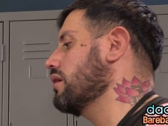 Latin stud pounded in public locker room threesome by hot dads