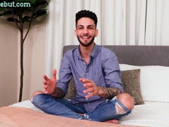 Bony tatted man frigs butt and wanks manstick after audition