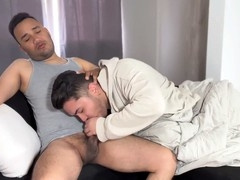 Horny college roommates Bastian and Liam have wild gay sex on the couch while watching a movie
