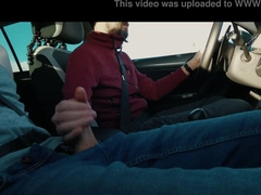 Uber driver fapping beefstick of bearded boy-passenger while driving on highway by camper