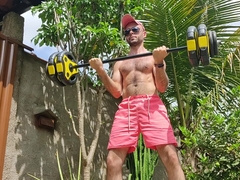Palms Exercise Outdoors in Panty and Milking with Louis Ferdinando