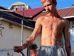 Caught backstage, stud with a big dick jerking off while I watch, deepthroat and anal action