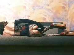 Crossdresser fuckslut romps herself with giant black fake penis