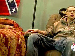 Nerdy dude with glasses tugging off his act hungering cock