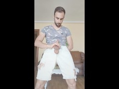 Jerking off and blowing my load on trousers