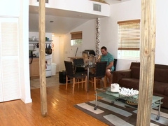 Naughty couch-partner hooks up with hot guys for wild bed-sharing