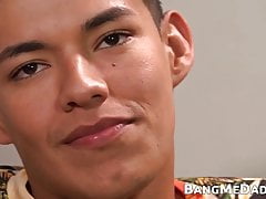 Latino twink Alan cum sprayed after riding raw daddy dick