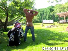 Zack is bearded muscular biker who is jerking off outdoors