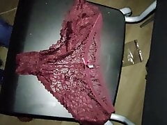 Cumming on beautiful red panties with help of big G cup bra