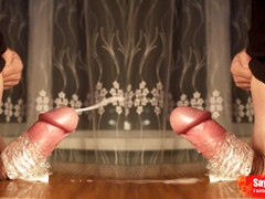 Two step brothers cum on each other putting their cocks in a hole on the table - double video