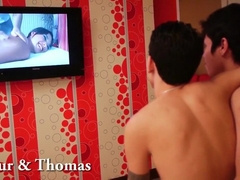 Sweet asian boys blow fuck bare & cum on bed