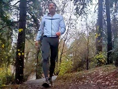 Rainy run in latex. See parent freeballing and flashing off my bulbous dickprint in the rain