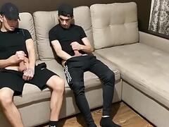 Straight jerk off with twink gay friend in sportswear (blowjob and cum in mouth)