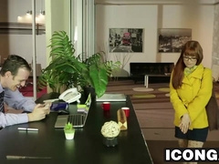 Billy pulls his boss pants down and sucks on his big dick