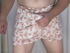 Straight guy gets naughty in wife's short skirt, showing off hard cock and no underwear
