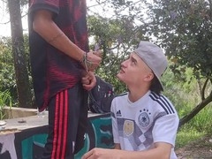 Oral fun with webcam and solo play in the great outdoors