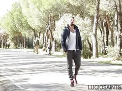 Two hung guys fuck outdoors and come over each other