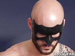 Inked bald hunk David Boss teasing his throbbing cock solo