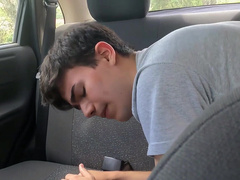 Brunette twink bends over to get fucked in the backseat
