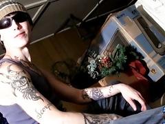 Tattooed stud takes his clothes off before jerking off solo