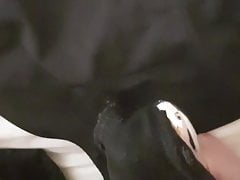 Using wife's vibrator to cum in her thong crotch pocket
