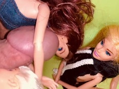 Friends help a chubby guy with a tiny dick masturbate using a sex doll until he unleashes a massive load